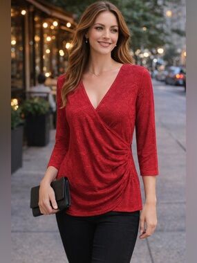 ❤️ Dressbarn Red Lace Wrap Top 3/4 Sleeve V-Neck Blouse Size L